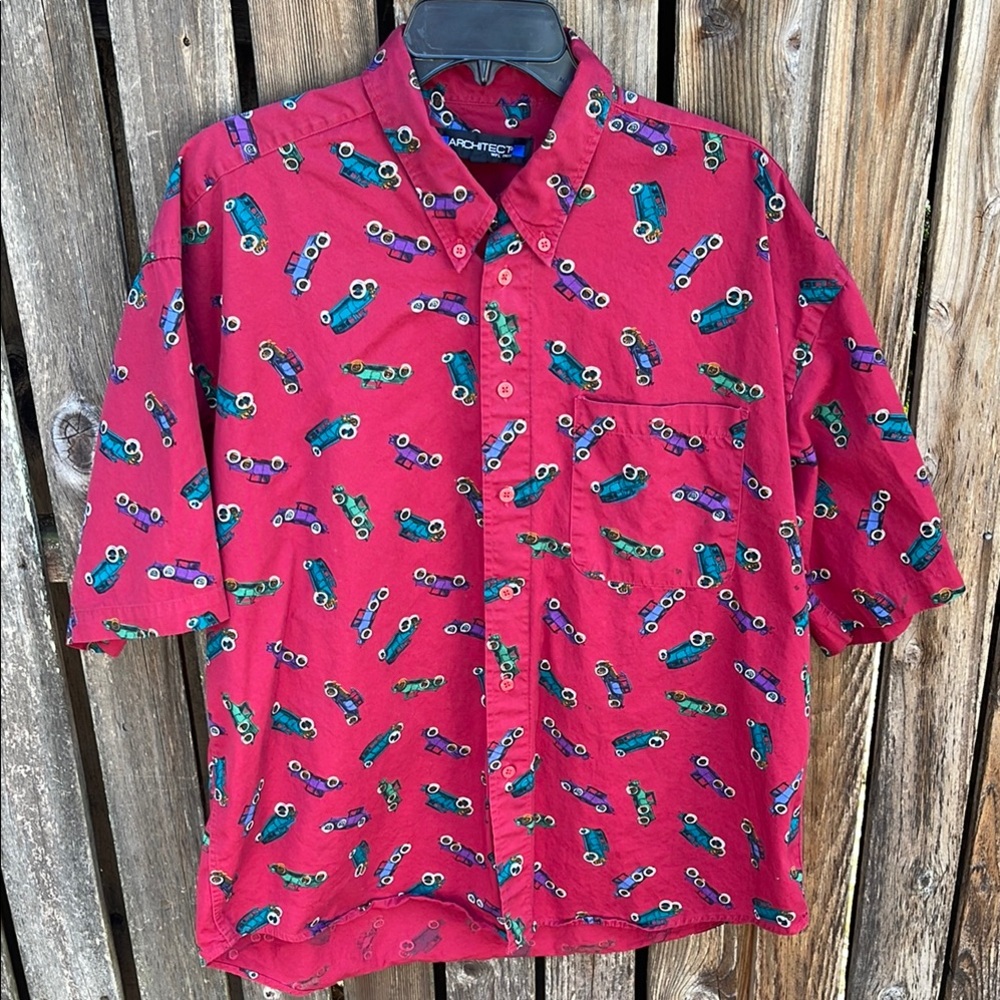 Architect L Shirt Classic Cars Short Sleeves Button Front Cotton Large Burgundy